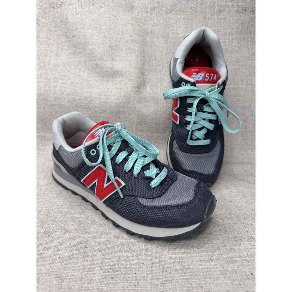 New Balance 574 Women's Harbor Gray, Teal, Red 2015 Retro Sneakers Size 7.5/38